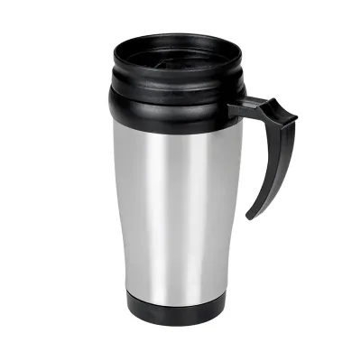 Caneca de inox com detalhes plásticos, capacidade de 400ml